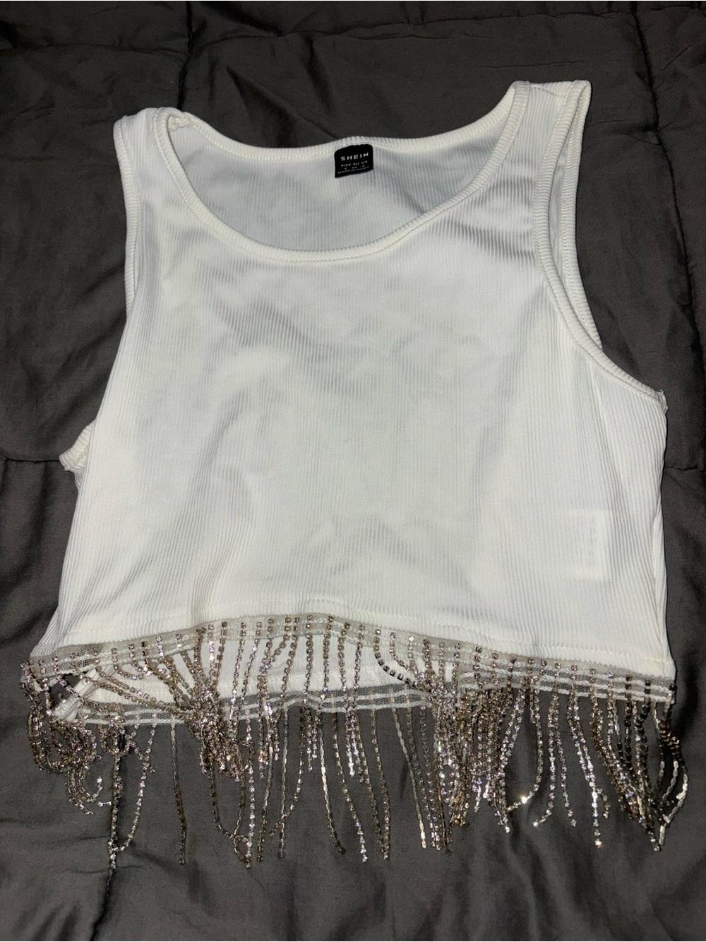 SHEIN White Ribbed Crop Tank with Silver Beaded Fringe